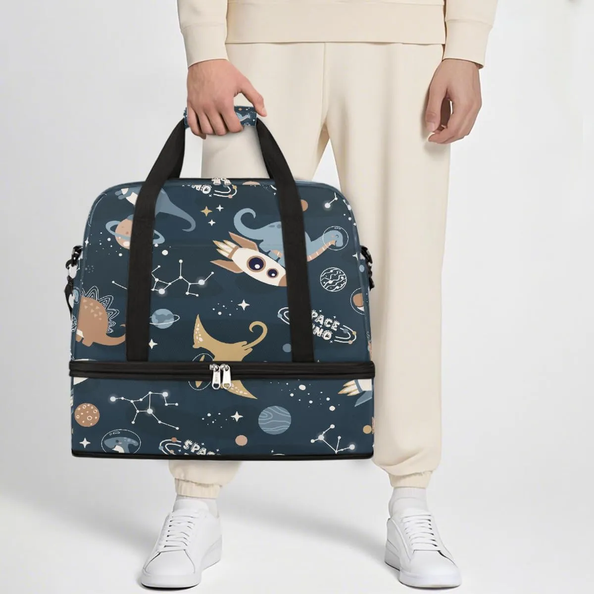 Sports Gym Bag Dinosaur Astronaut Blue Large Travel Duffel Bag With Shoe Compartment Foldable Waterproof Carry-On Weekend Travel Bags for Camping Overnight Yoga Hospital Travel Bags