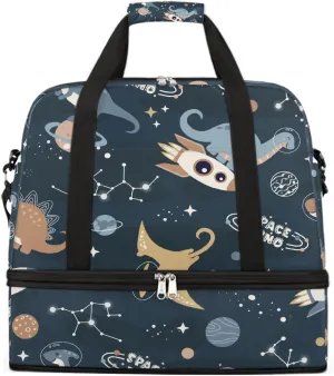Sports Gym Bag Dinosaur Astronaut Blue Large Travel Duffel Bag With Shoe Compartment Foldable Waterproof Carry-On Weekend Travel Bags for Camping Overnight Yoga Hospital Travel Bags