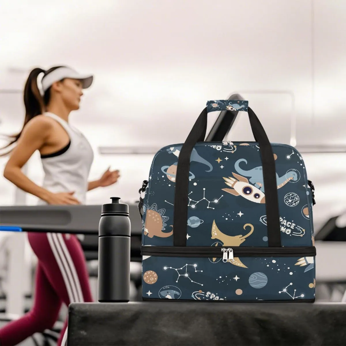Sports Gym Bag Dinosaur Astronaut Blue Large Travel Duffel Bag With Shoe Compartment Foldable Waterproof Carry-On Weekend Travel Bags for Camping Overnight Yoga Hospital Travel Bags