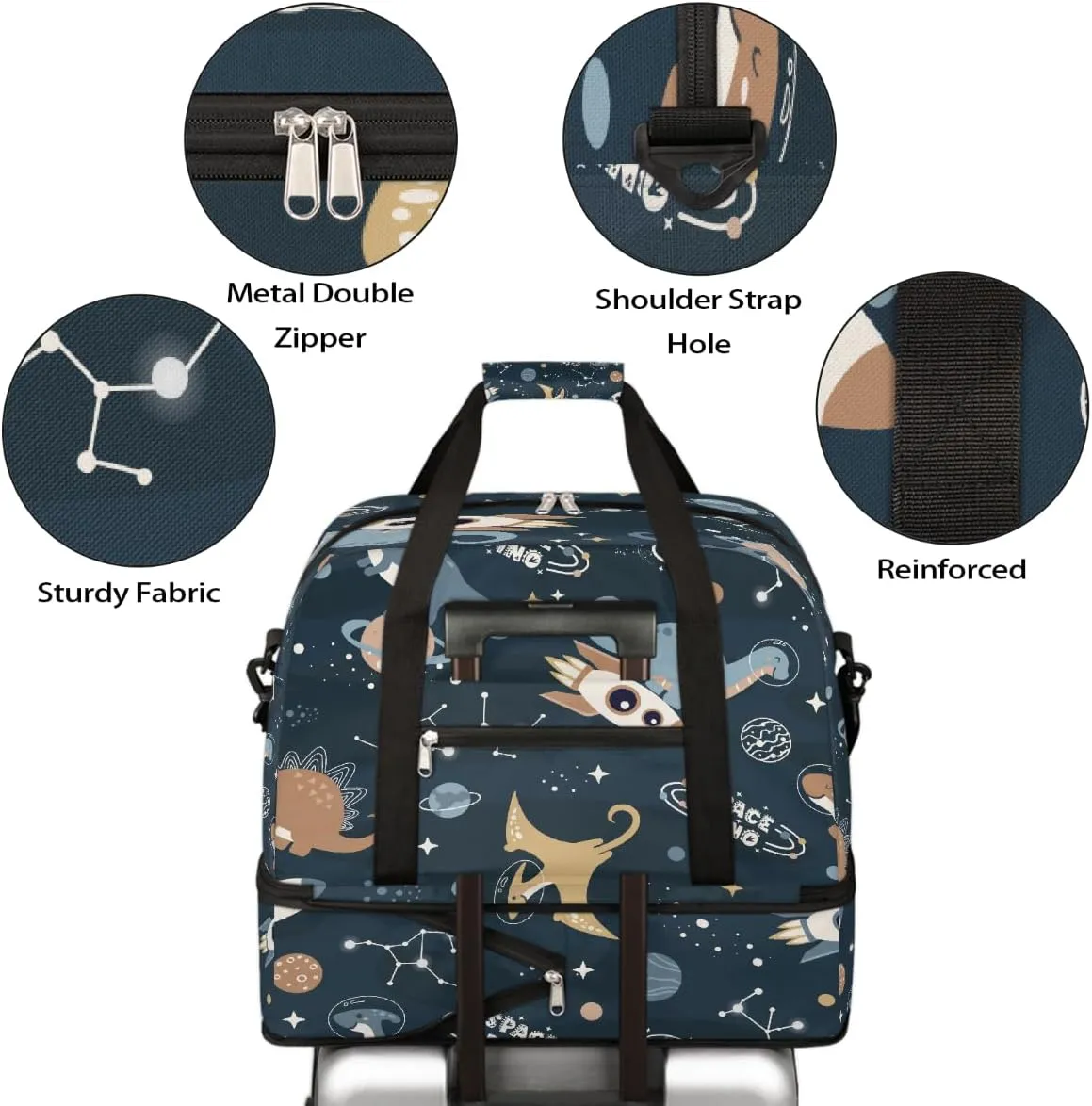 Sports Gym Bag Dinosaur Astronaut Blue Large Travel Duffel Bag With Shoe Compartment Foldable Waterproof Carry-On Weekend Travel Bags for Camping Overnight Yoga Hospital Travel Bags