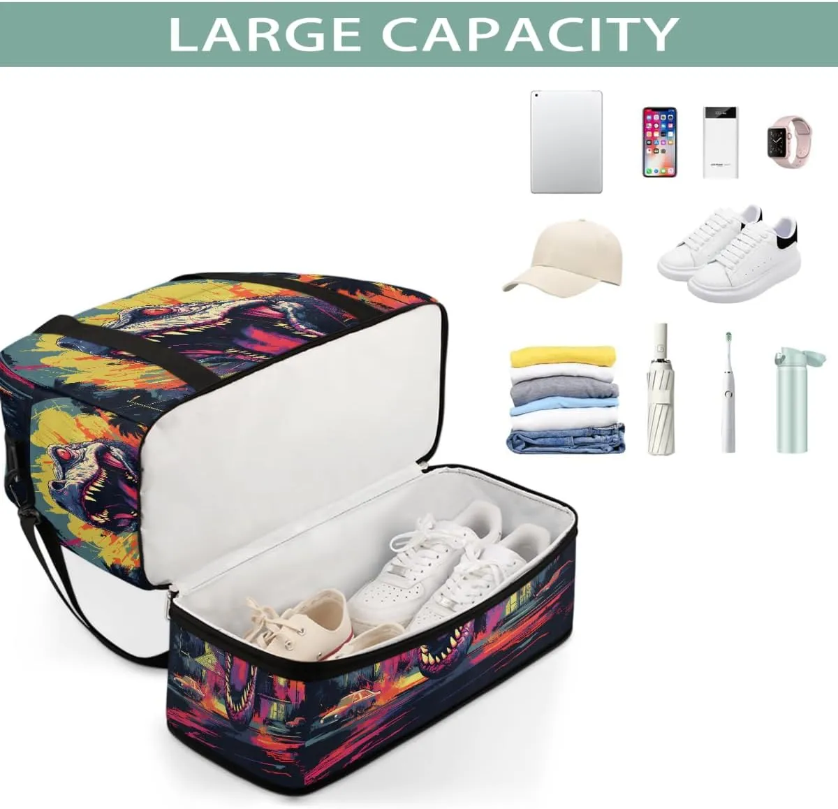 Sports Gym Bag Domineering Dinosaur Large Travel Duffel Bag With Shoe Compartment Foldable Waterproof Carry-On Weekend Travel Bags for Camping Overnight Yoga Hospital Travel Bags