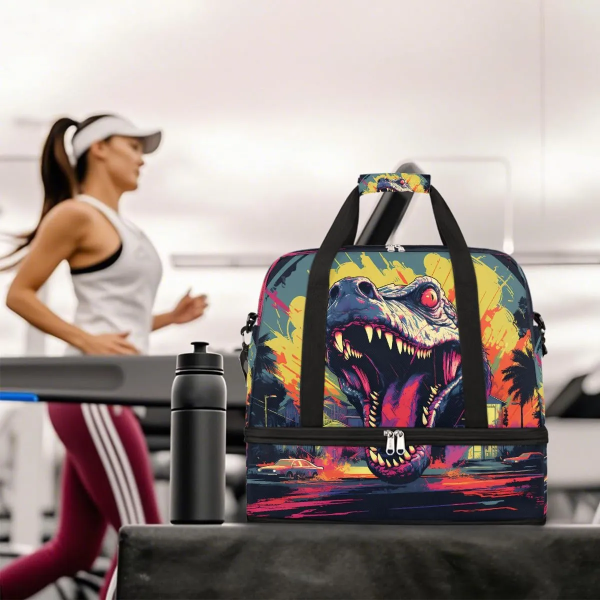 Sports Gym Bag Domineering Dinosaur Large Travel Duffel Bag With Shoe Compartment Foldable Waterproof Carry-On Weekend Travel Bags for Camping Overnight Yoga Hospital Travel Bags