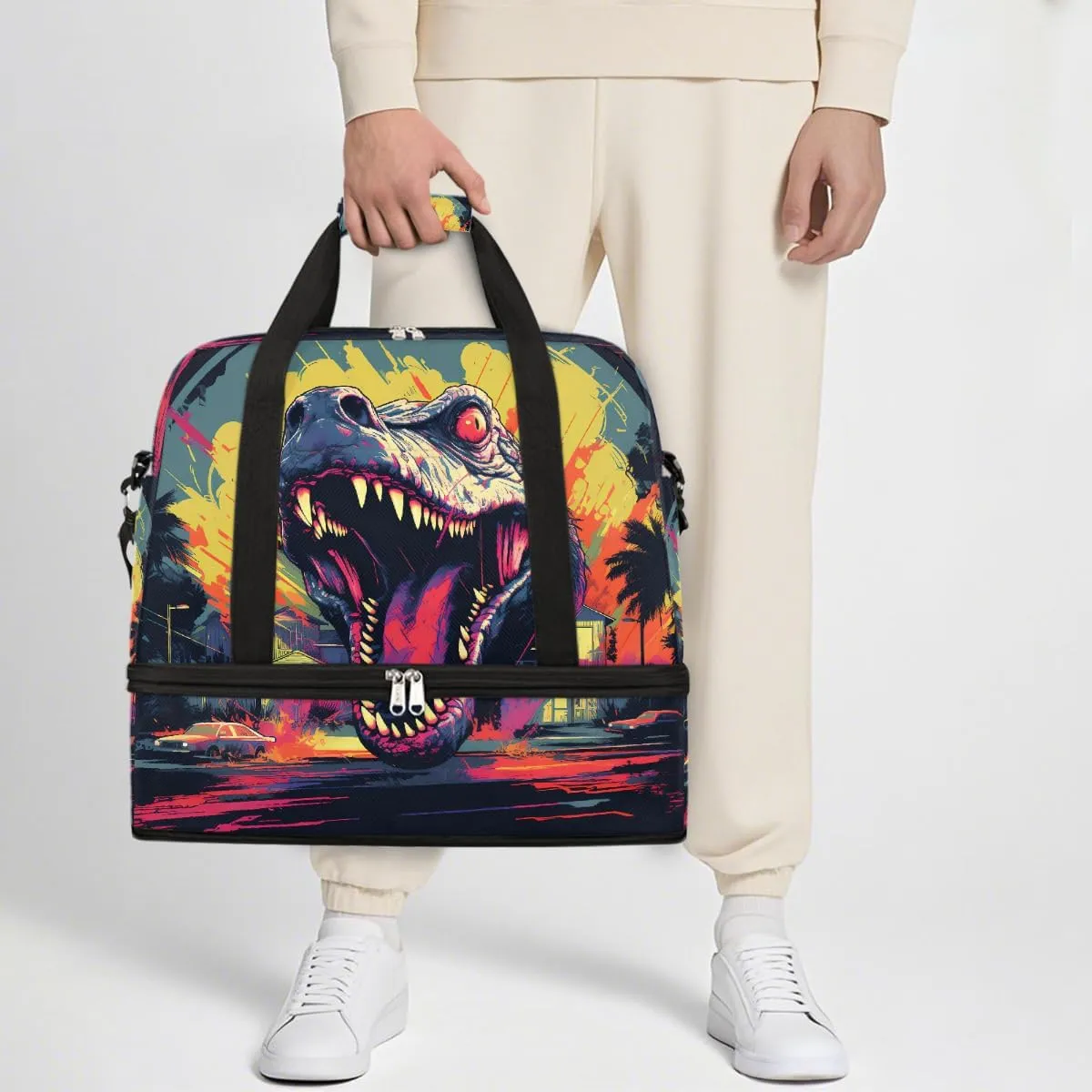 Sports Gym Bag Domineering Dinosaur Large Travel Duffel Bag With Shoe Compartment Foldable Waterproof Carry-On Weekend Travel Bags for Camping Overnight Yoga Hospital Travel Bags