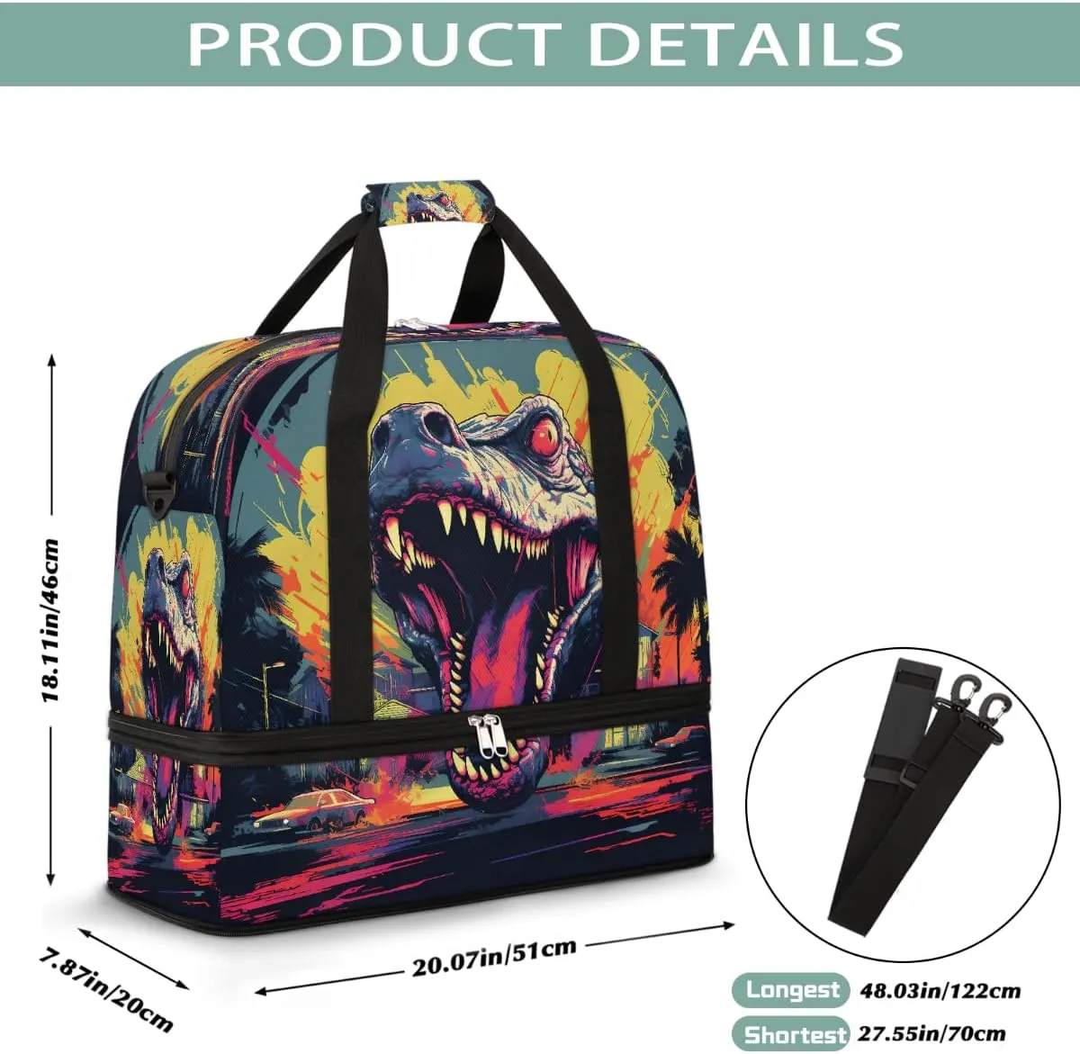 Sports Gym Bag Domineering Dinosaur Large Travel Duffel Bag With Shoe Compartment Foldable Waterproof Carry-On Weekend Travel Bags for Camping Overnight Yoga Hospital Travel Bags