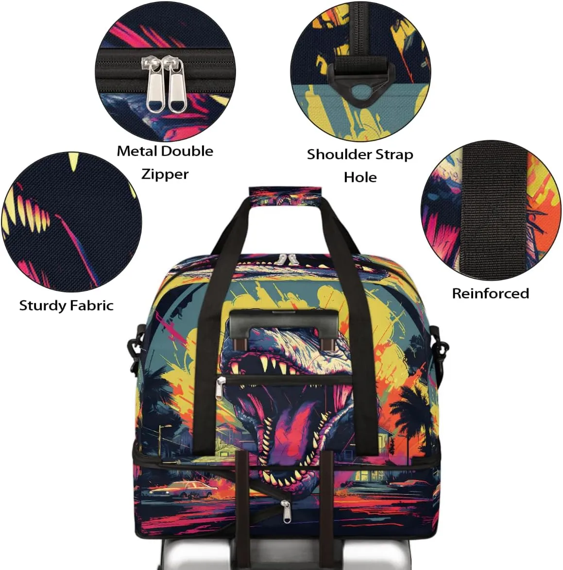 Sports Gym Bag Domineering Dinosaur Large Travel Duffel Bag With Shoe Compartment Foldable Waterproof Carry-On Weekend Travel Bags for Camping Overnight Yoga Hospital Travel Bags
