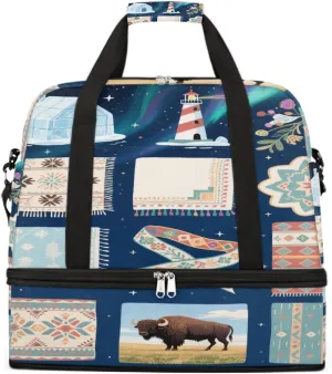 Sports Gym Bag Ethnic Pattern Cow Large Travel Duffel Bag With Shoe Compartment Foldable Waterproof Carry-On Weekend Travel Bags for Camping Overnight Yoga Hospital Travel Bags