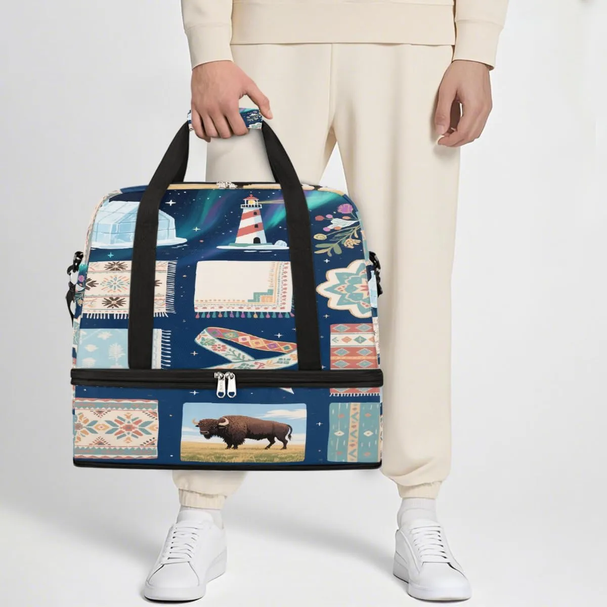 Sports Gym Bag Ethnic Pattern Cow Large Travel Duffel Bag With Shoe Compartment Foldable Waterproof Carry-On Weekend Travel Bags for Camping Overnight Yoga Hospital Travel Bags