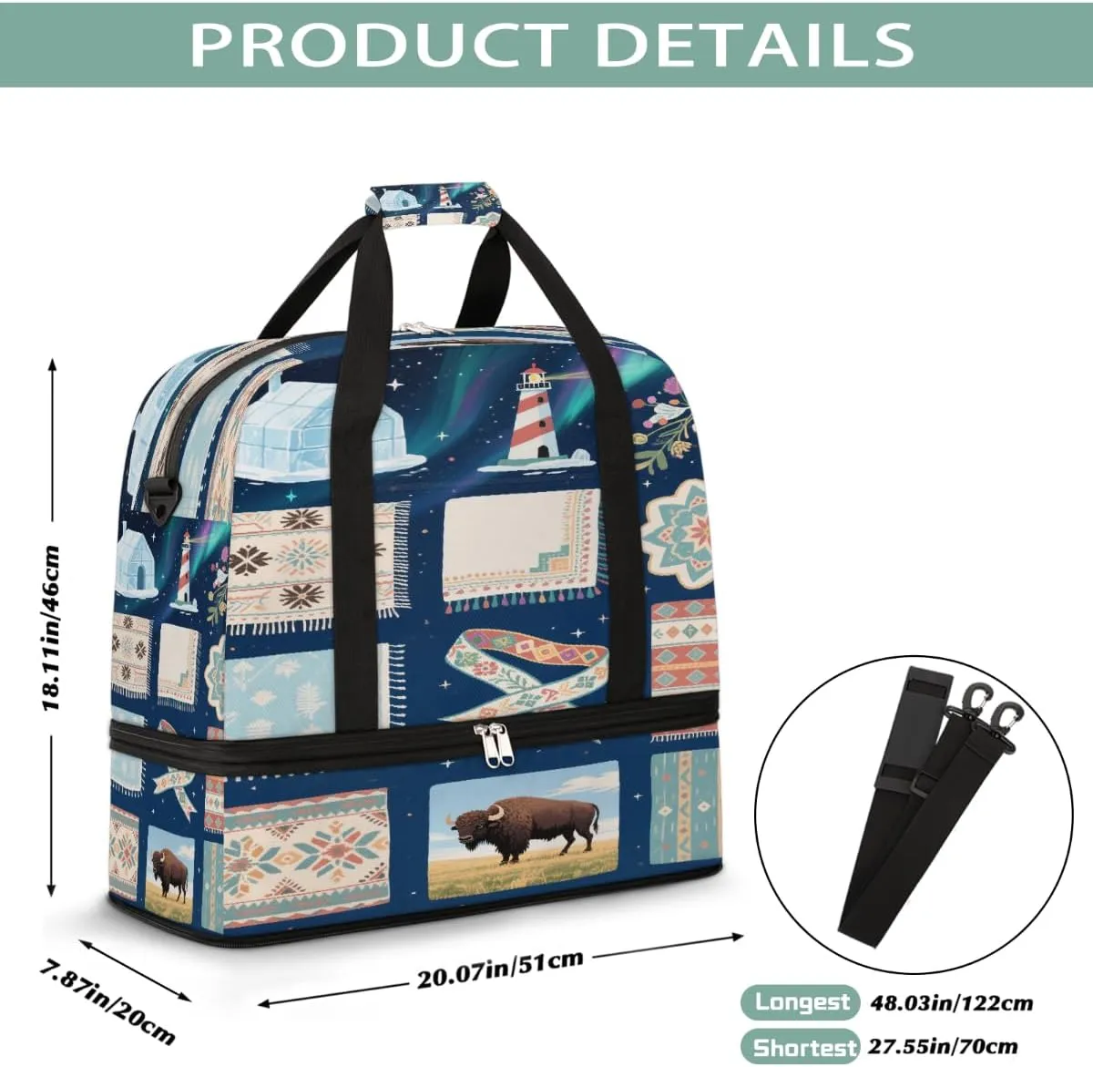 Sports Gym Bag Ethnic Pattern Cow Large Travel Duffel Bag With Shoe Compartment Foldable Waterproof Carry-On Weekend Travel Bags for Camping Overnight Yoga Hospital Travel Bags