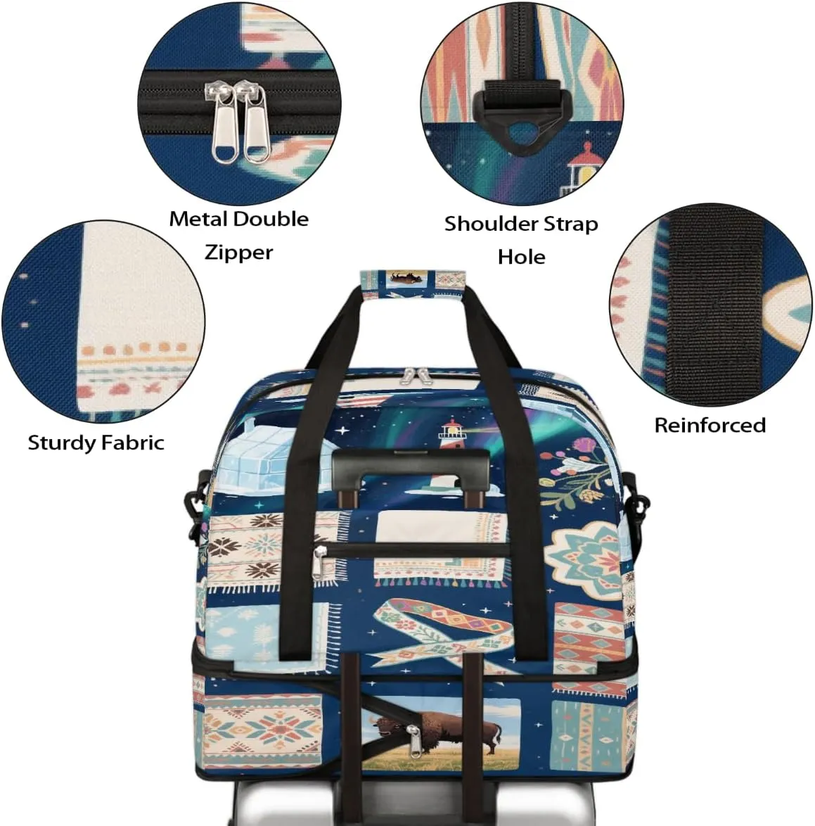 Sports Gym Bag Ethnic Pattern Cow Large Travel Duffel Bag With Shoe Compartment Foldable Waterproof Carry-On Weekend Travel Bags for Camping Overnight Yoga Hospital Travel Bags