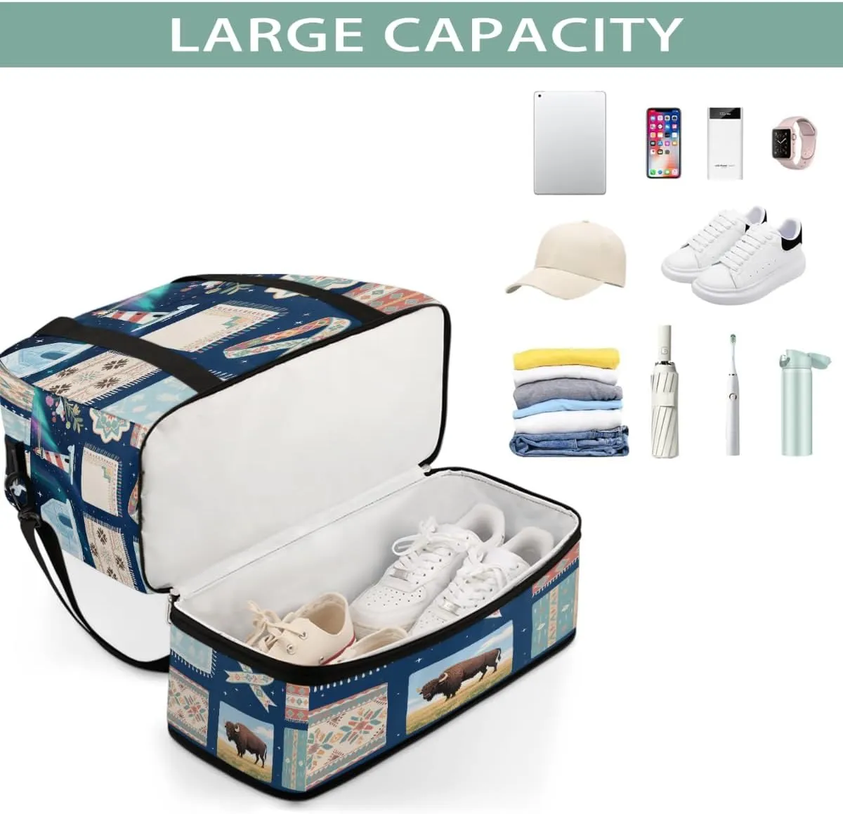 Sports Gym Bag Ethnic Pattern Cow Large Travel Duffel Bag With Shoe Compartment Foldable Waterproof Carry-On Weekend Travel Bags for Camping Overnight Yoga Hospital Travel Bags