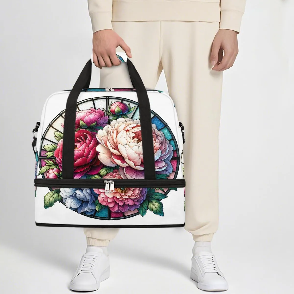 Sports Gym Bag Flower Beautiful Glass Large Travel Duffel Bag With Shoe Compartment Foldable Waterproof Carry-On Weekend Travel Bags for Camping Overnight Yoga Hospital Travel Bags