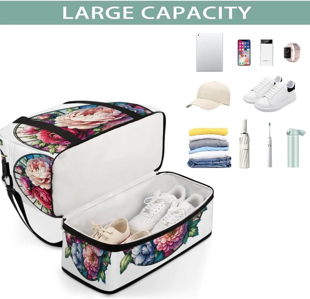 Sports Gym Bag Flower Beautiful Glass Large Travel Duffel Bag With Shoe Compartment Foldable Waterproof Carry-On Weekend Travel Bags for Camping Overnight Yoga Hospital Travel Bags