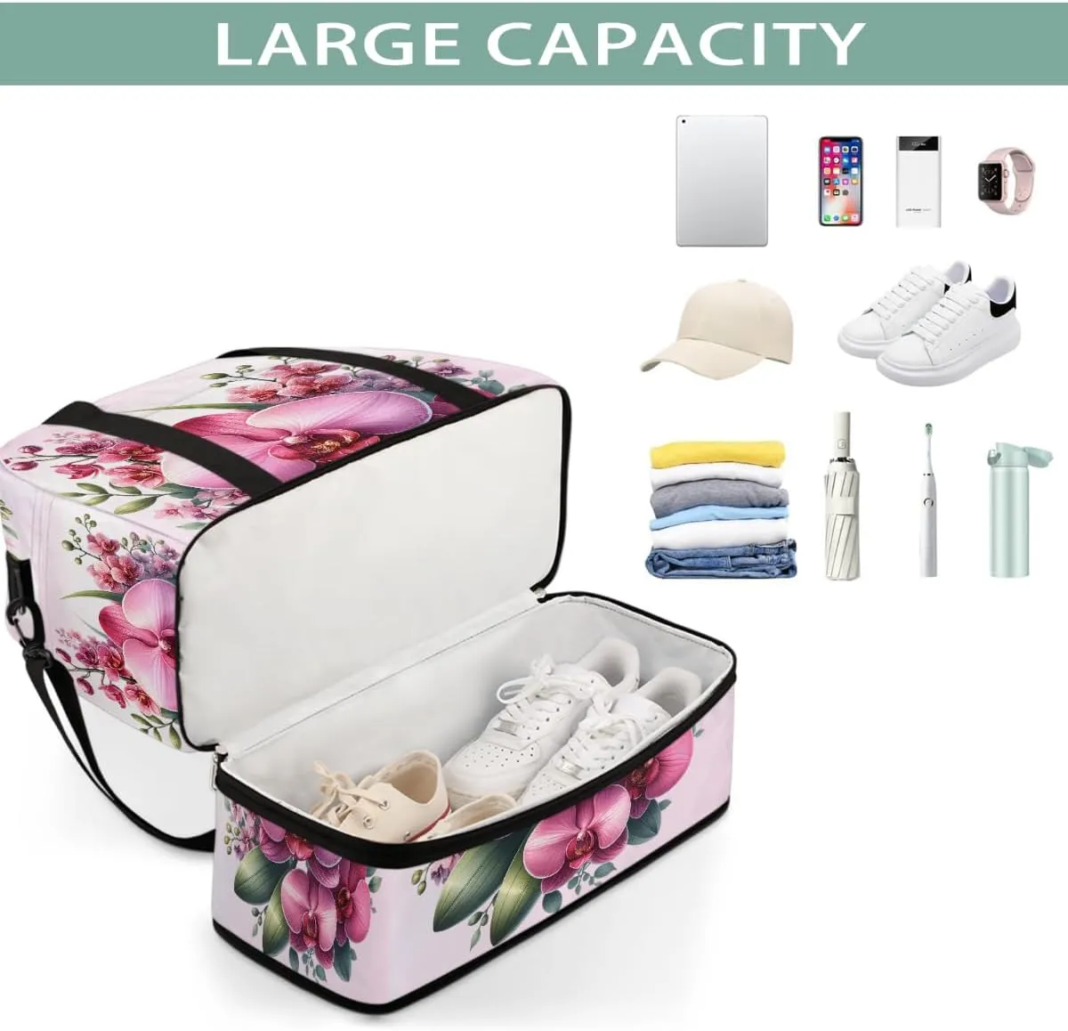 Sports Gym Bag Flower Floral， 28 Large Travel Duffel Bag With Shoe Compartment Foldable Waterproof Carry-On Weekend Travel Bags for Camping Overnight Yoga Hospital Travel Bags