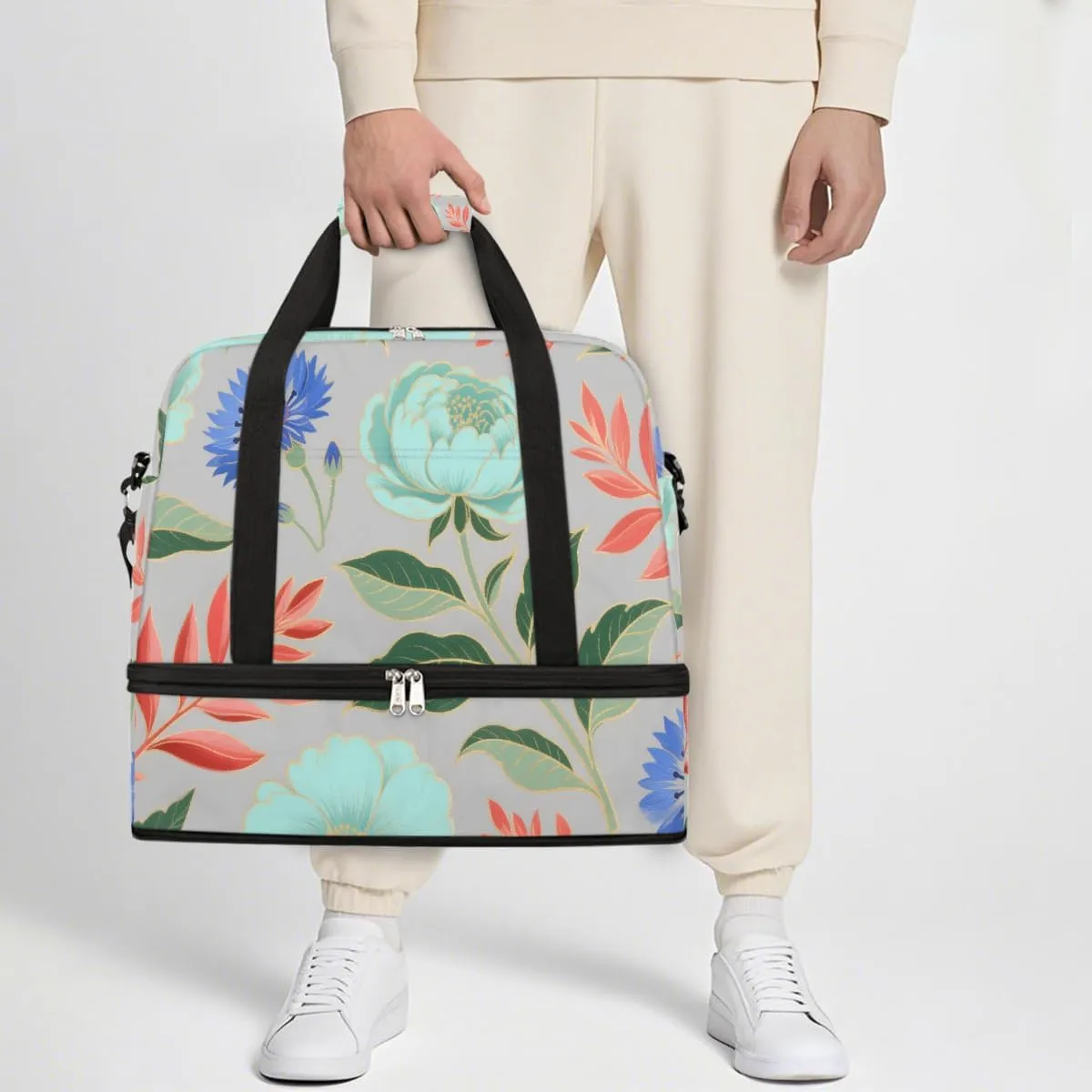 Sports Gym Bag Flower Tile Ethnic Style Large Travel Duffel Bag With Shoe Compartment Foldable Waterproof Carry-On Weekend Travel Bags for Camping Overnight Yoga Hospital Travel Bags