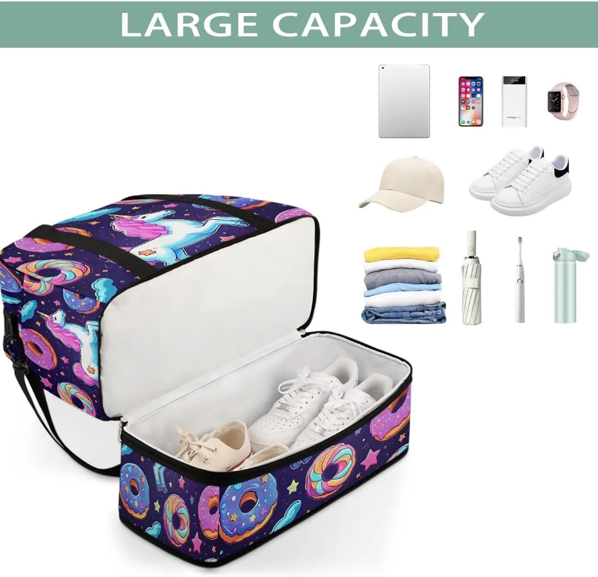 Sports Gym Bag Horse Donut Starry Sky Large Travel Duffel Bag With Shoe Compartment Foldable Waterproof Carry-On Weekend Travel Bags for Camping Overnight Yoga Hospital Travel Bags