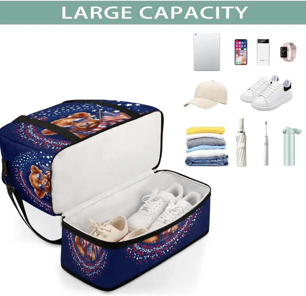 Sports Gym Bag Independence Day ，3 Large Travel Duffel Bag With Shoe Compartment Foldable Waterproof Carry-On Weekend Travel Bags for Camping Overnight Yoga Hospital Travel Bags