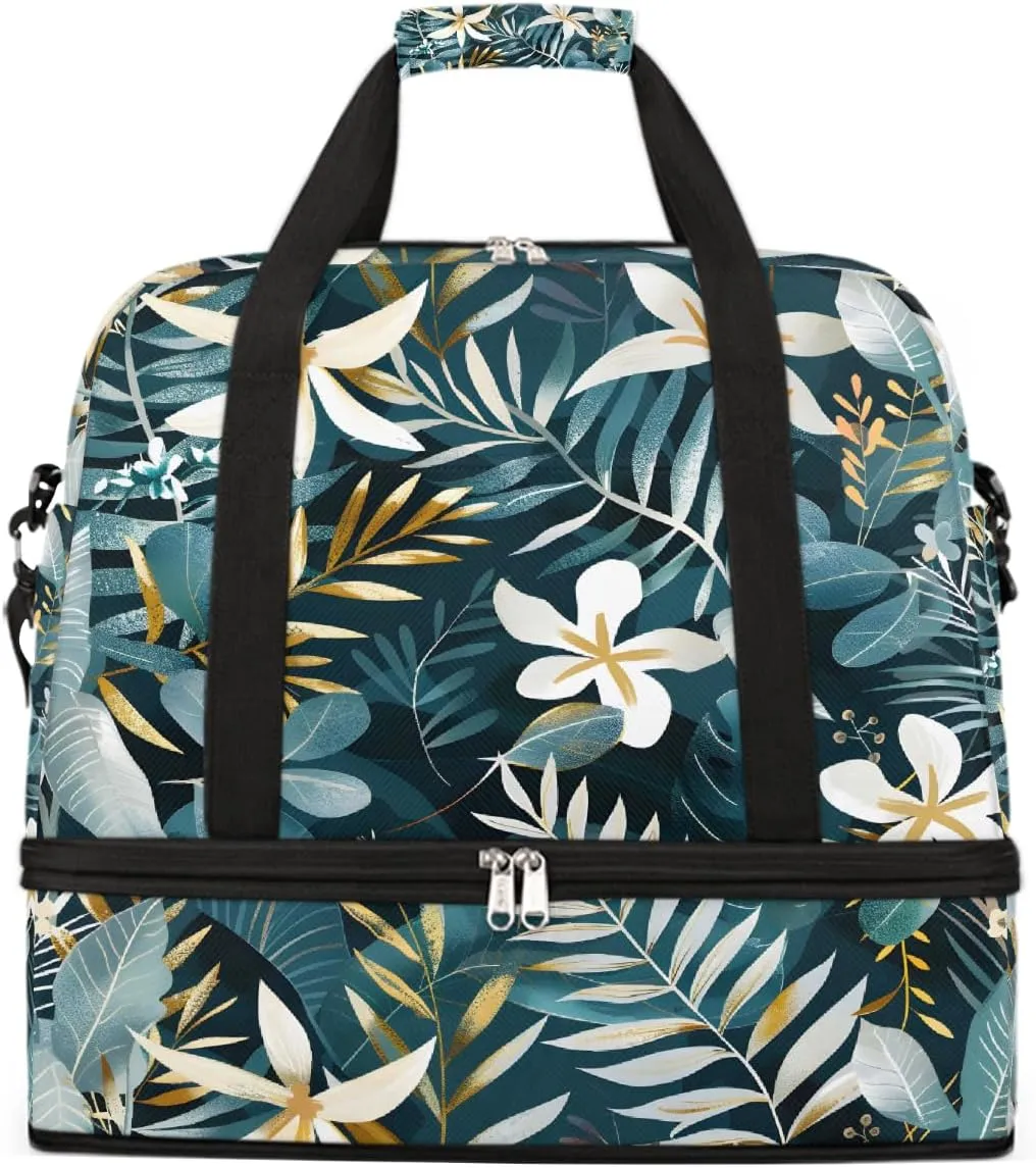 Sports Gym Bag Leaves Tropical Rainforest Large Travel Duffel Bag With Shoe Compartment Foldable Waterproof Carry-On Weekend Travel Bags for Camping Overnight Yoga Hospital Travel Bags