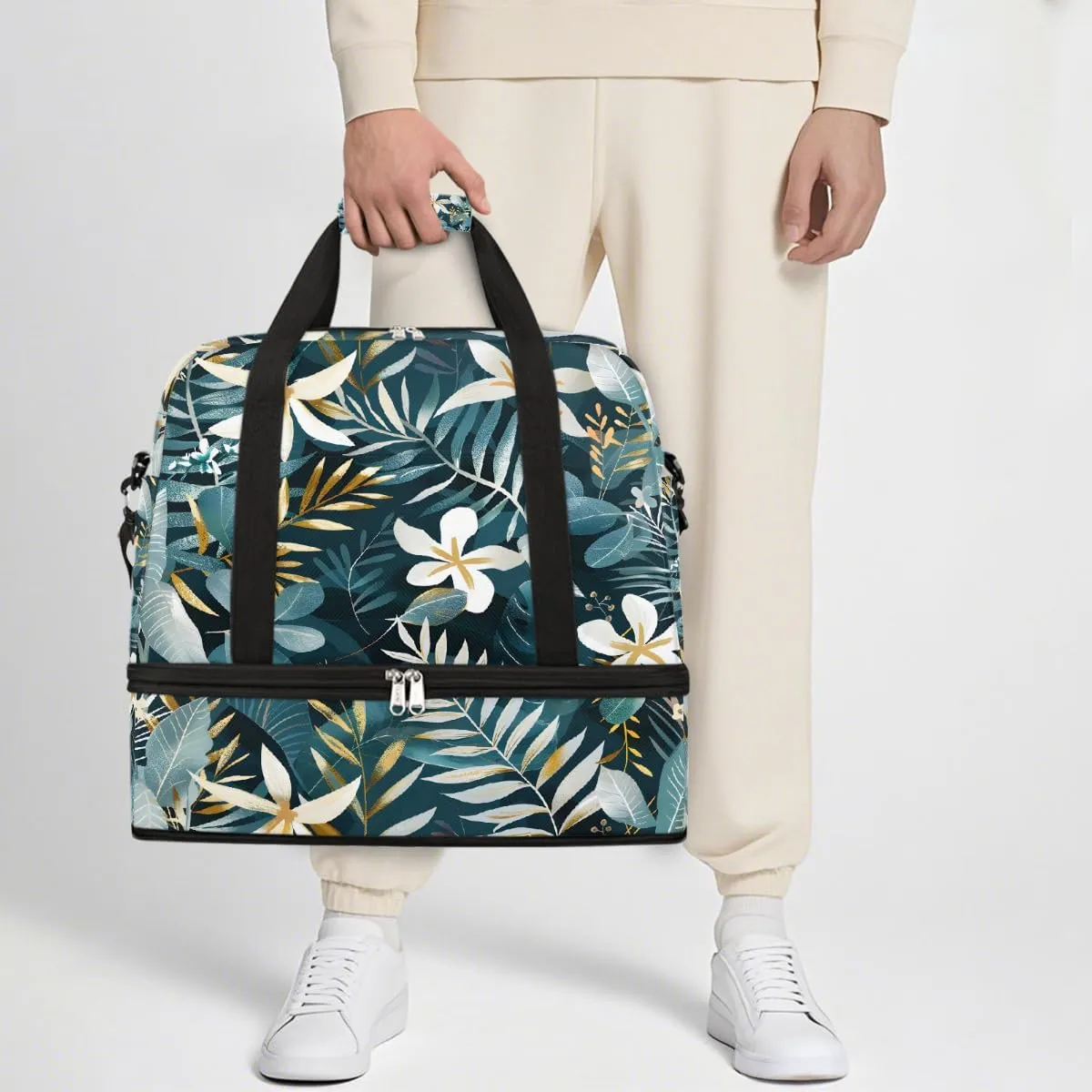 Sports Gym Bag Leaves Tropical Rainforest Large Travel Duffel Bag With Shoe Compartment Foldable Waterproof Carry-On Weekend Travel Bags for Camping Overnight Yoga Hospital Travel Bags