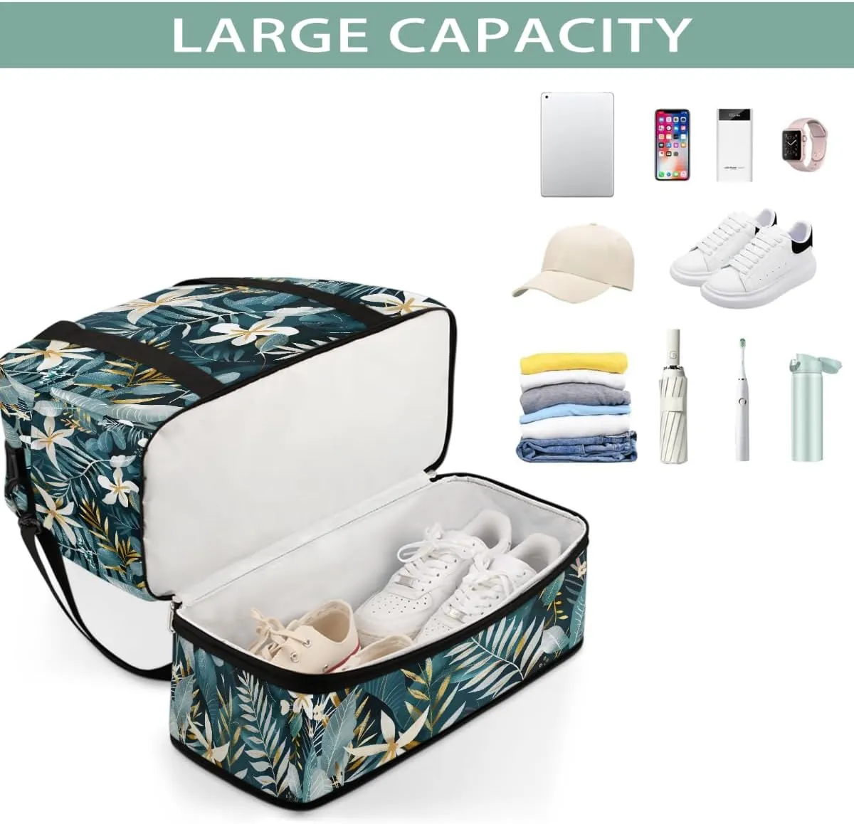 Sports Gym Bag Leaves Tropical Rainforest Large Travel Duffel Bag With Shoe Compartment Foldable Waterproof Carry-On Weekend Travel Bags for Camping Overnight Yoga Hospital Travel Bags