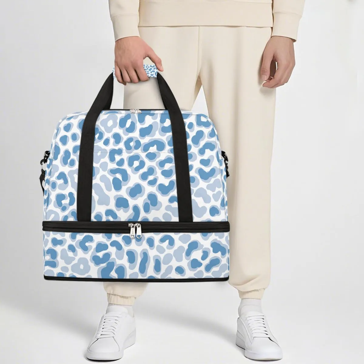 Sports Gym Bag Leopard Blue Tile Large Travel Duffel Bag With Shoe Compartment Foldable Waterproof Carry-On Weekend Travel Bags for Camping Overnight Yoga Hospital Travel Bags