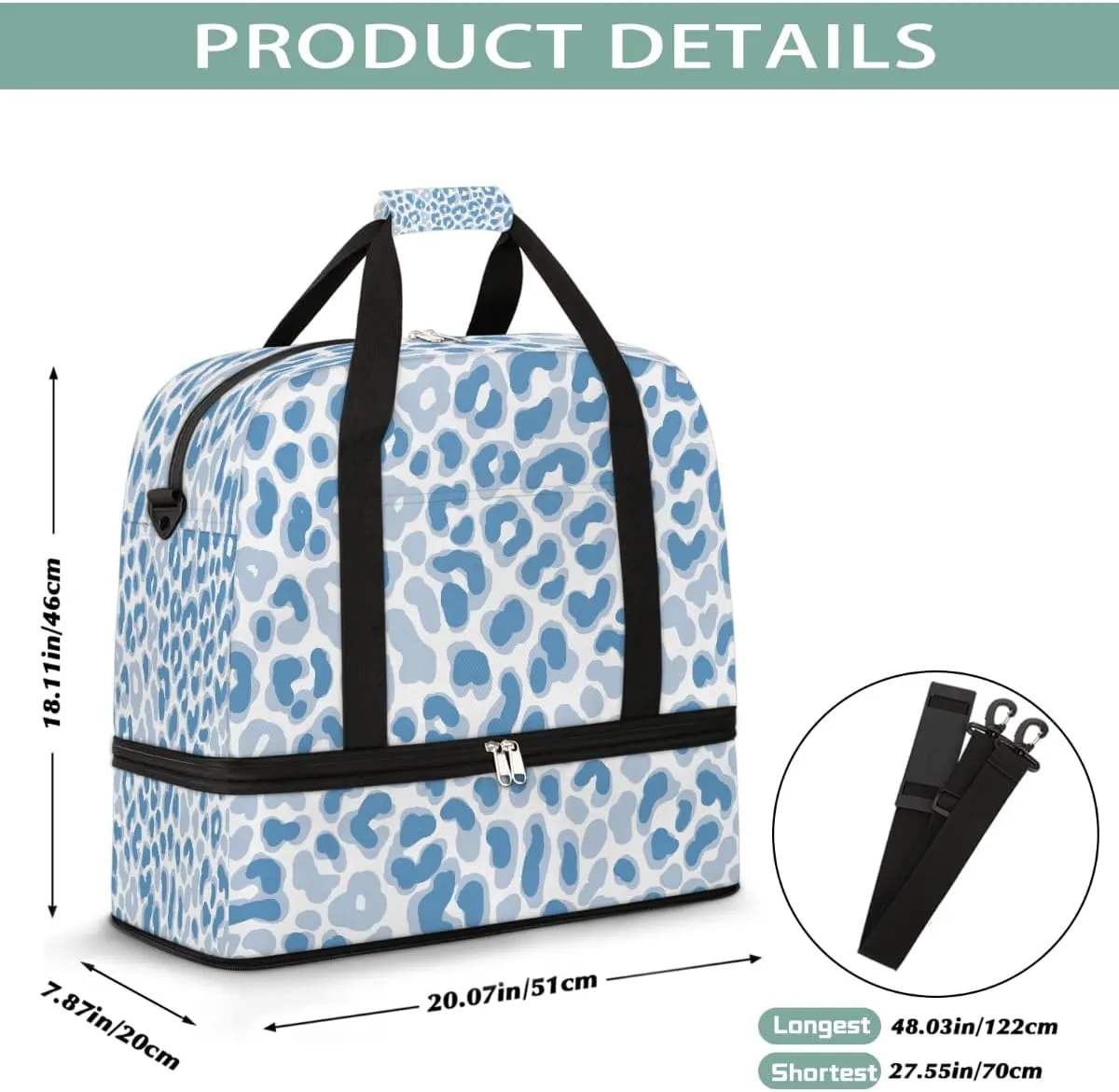 Sports Gym Bag Leopard Blue Tile Large Travel Duffel Bag With Shoe Compartment Foldable Waterproof Carry-On Weekend Travel Bags for Camping Overnight Yoga Hospital Travel Bags