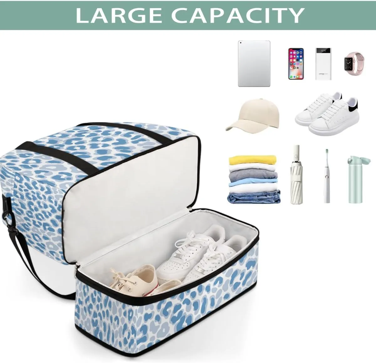 Sports Gym Bag Leopard Blue Tile Large Travel Duffel Bag With Shoe Compartment Foldable Waterproof Carry-On Weekend Travel Bags for Camping Overnight Yoga Hospital Travel Bags