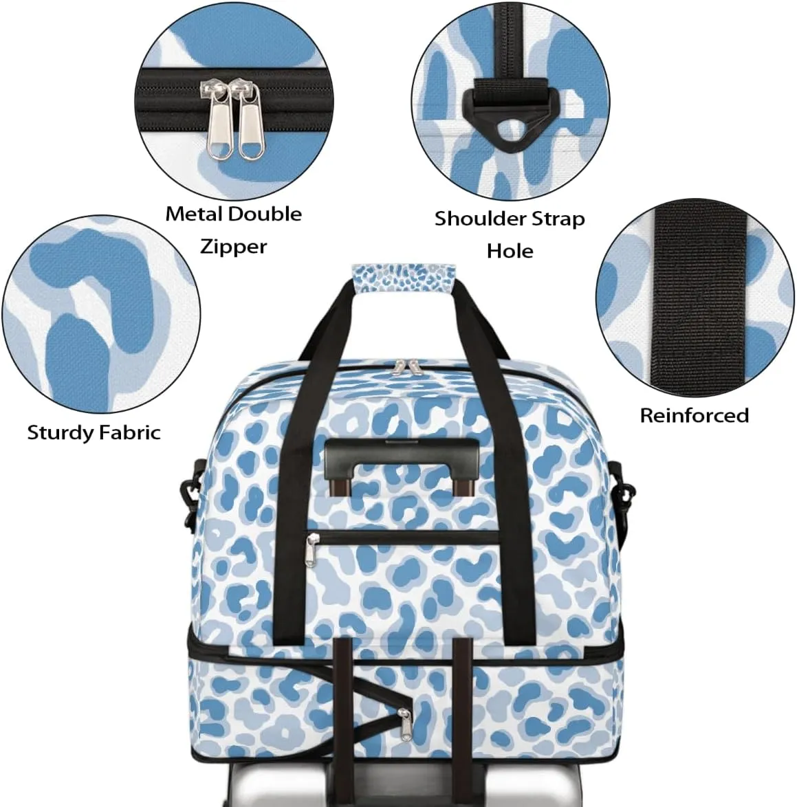 Sports Gym Bag Leopard Blue Tile Large Travel Duffel Bag With Shoe Compartment Foldable Waterproof Carry-On Weekend Travel Bags for Camping Overnight Yoga Hospital Travel Bags
