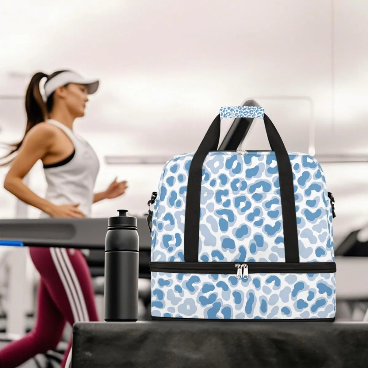 Sports Gym Bag Leopard Blue Tile Large Travel Duffel Bag With Shoe Compartment Foldable Waterproof Carry-On Weekend Travel Bags for Camping Overnight Yoga Hospital Travel Bags