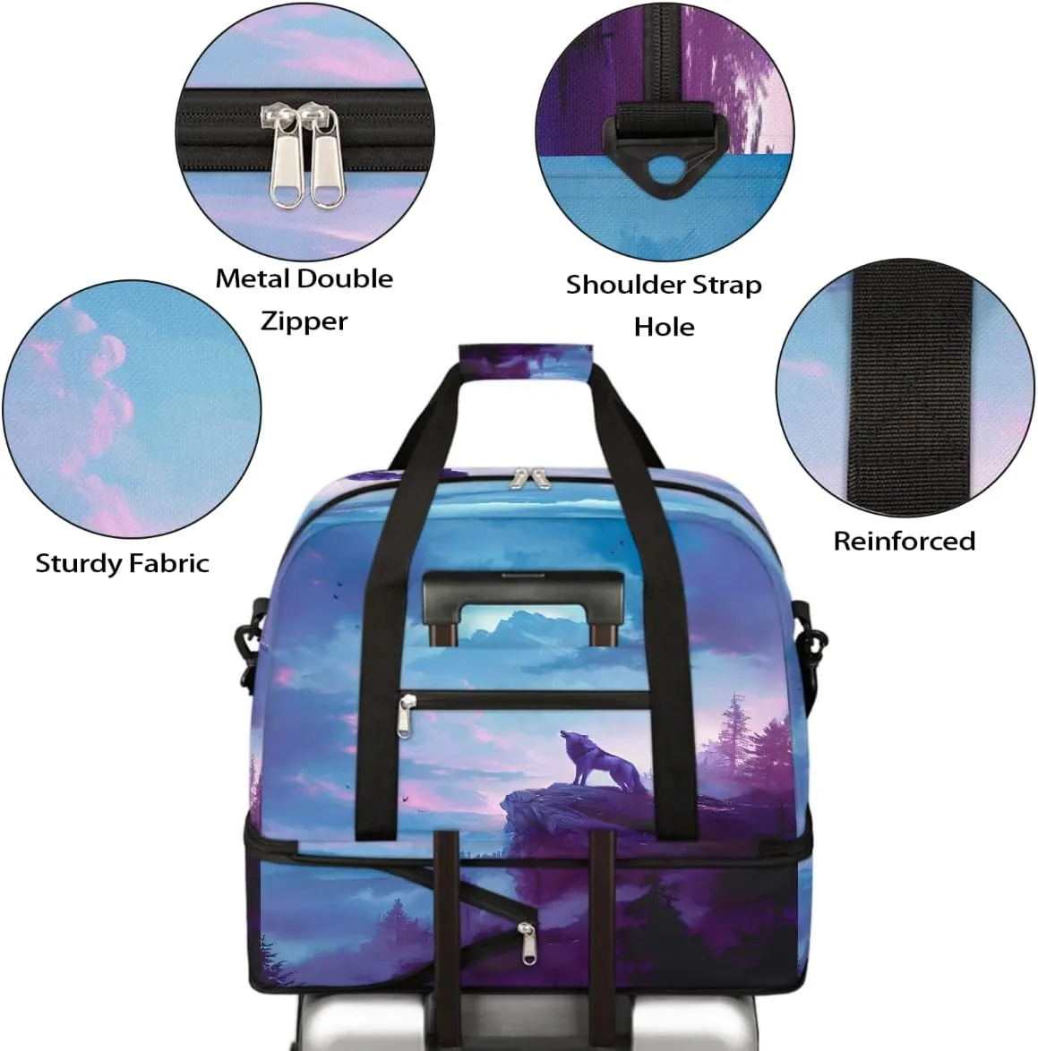 Sports Gym Bag Night Sky Wolf Howling Large Travel Duffel Bag With Shoe Compartment Foldable Waterproof Carry-On Weekend Travel Bags for Camping Overnight Yoga Hospital Travel Bags