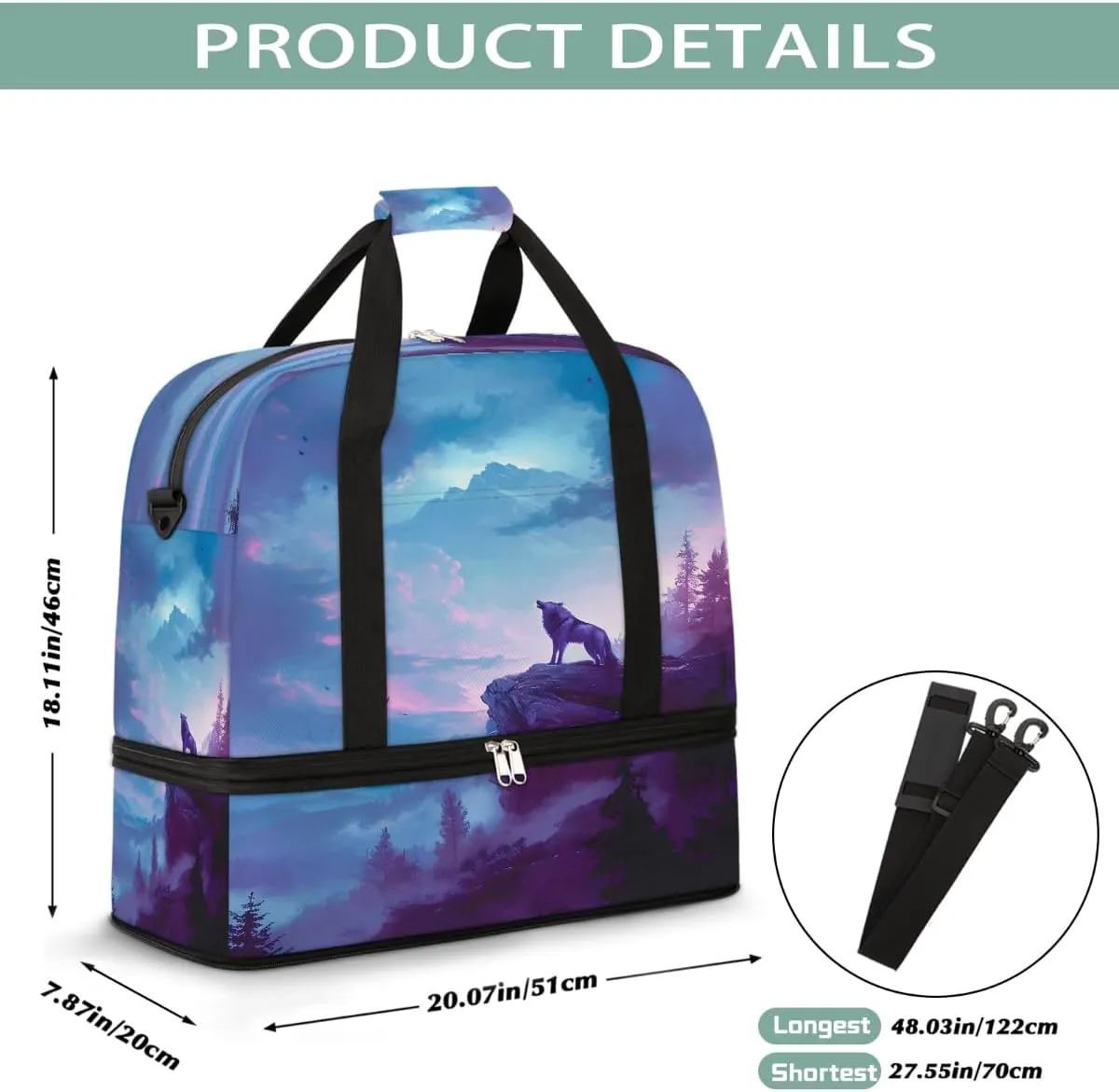 Sports Gym Bag Night Sky Wolf Howling Large Travel Duffel Bag With Shoe Compartment Foldable Waterproof Carry-On Weekend Travel Bags for Camping Overnight Yoga Hospital Travel Bags