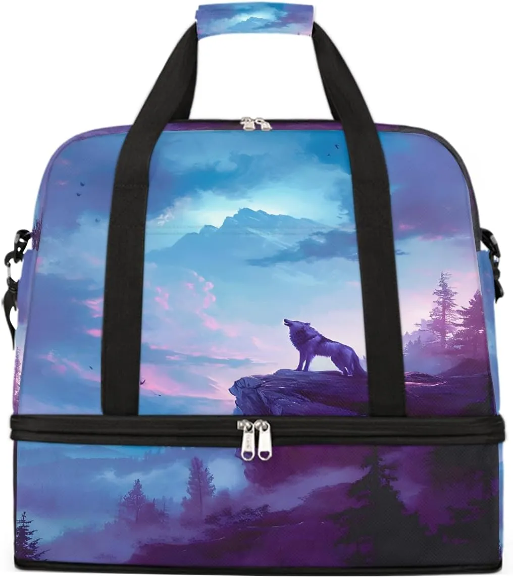 Sports Gym Bag Night Sky Wolf Howling Large Travel Duffel Bag With Shoe Compartment Foldable Waterproof Carry-On Weekend Travel Bags for Camping Overnight Yoga Hospital Travel Bags