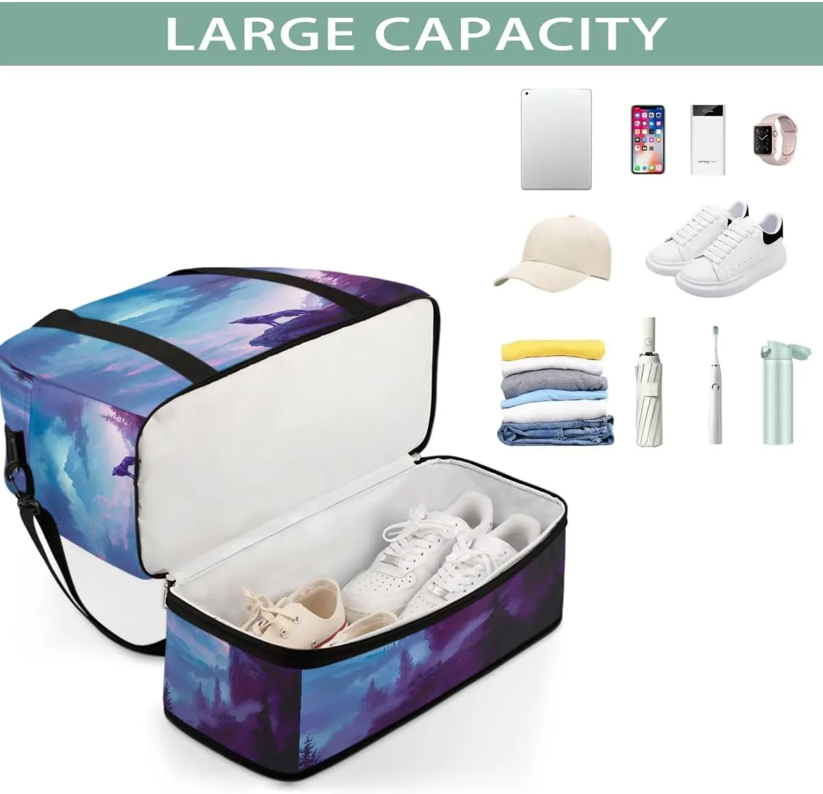Sports Gym Bag Night Sky Wolf Howling Large Travel Duffel Bag With Shoe Compartment Foldable Waterproof Carry-On Weekend Travel Bags for Camping Overnight Yoga Hospital Travel Bags