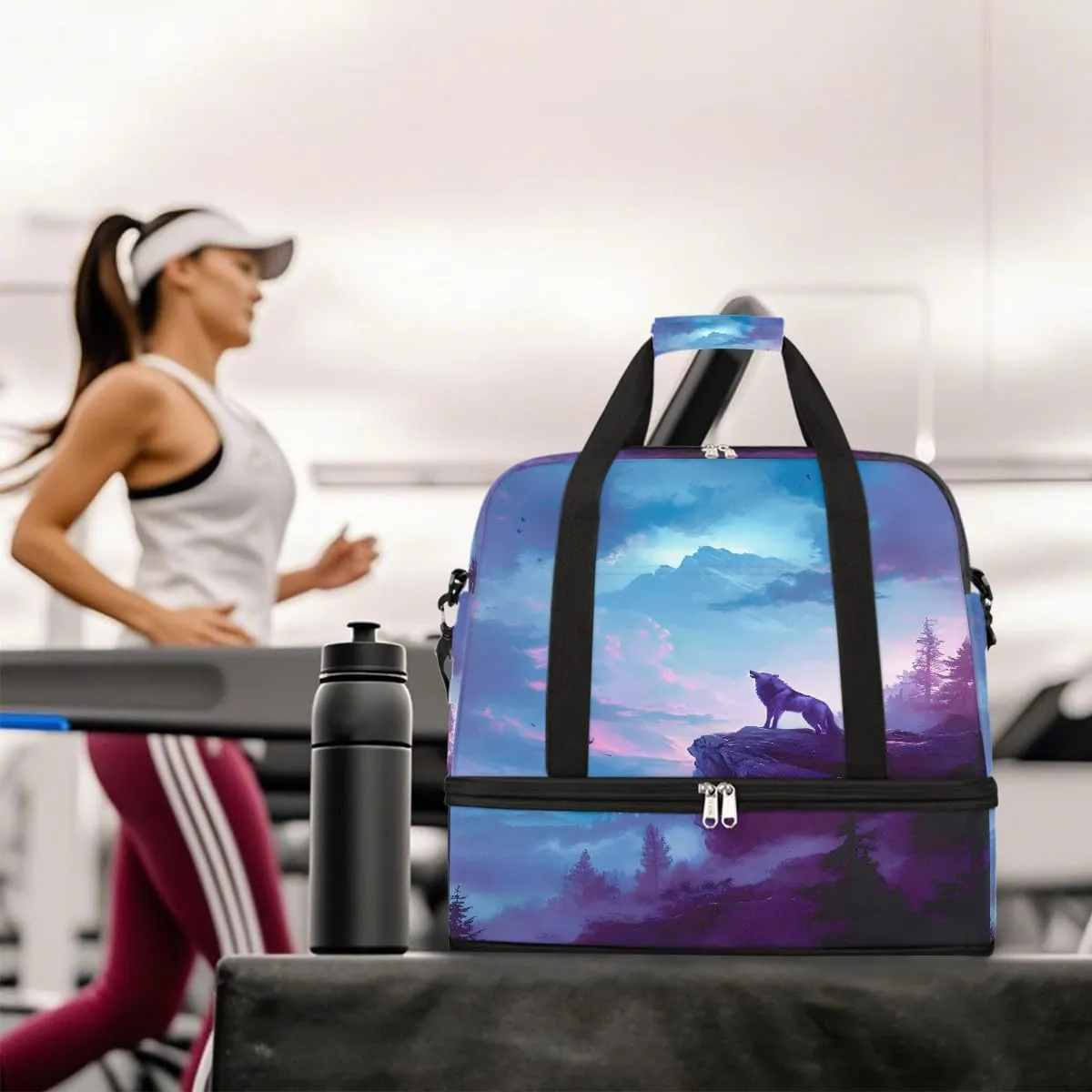 Sports Gym Bag Night Sky Wolf Howling Large Travel Duffel Bag With Shoe Compartment Foldable Waterproof Carry-On Weekend Travel Bags for Camping Overnight Yoga Hospital Travel Bags