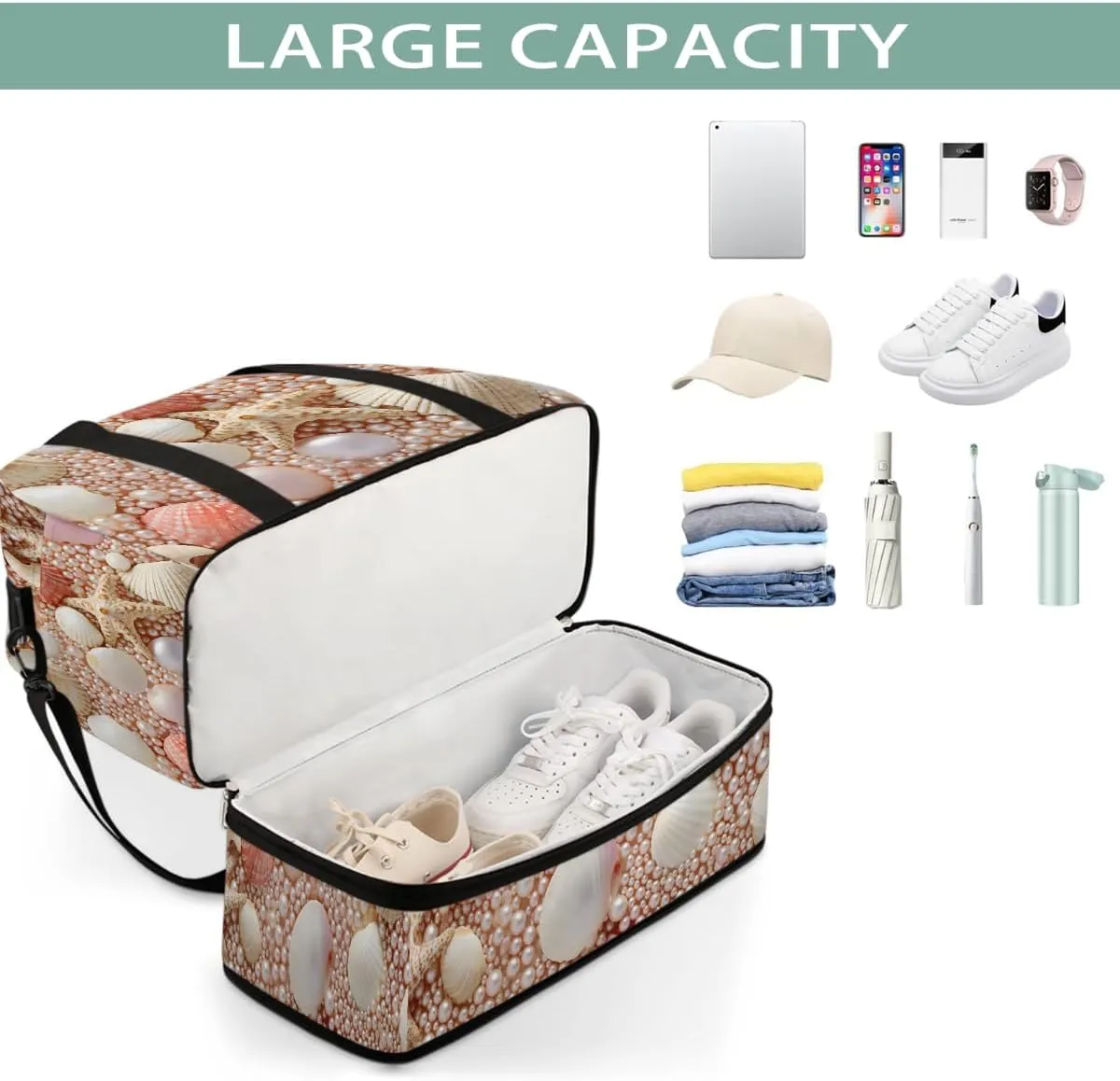 Sports Gym Bag Ocean Pearl Large Travel Duffel Bag With Shoe Compartment Foldable Waterproof Carry-On Weekend Travel Bags for Camping Overnight Yoga Hospital Travel Bags