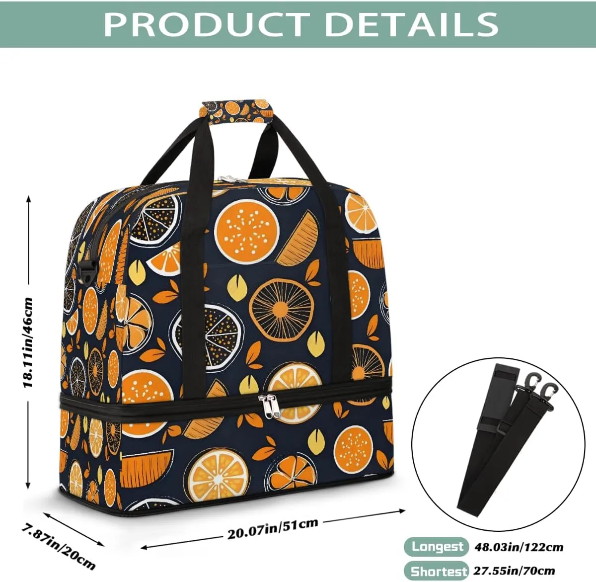 Sports Gym Bag Orange Lemon Flat Lay Large Travel Duffel Bag With Shoe Compartment Foldable Waterproof Carry-On Weekend Travel Bags for Camping Overnight Yoga Hospital Travel Bags