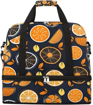 Sports Gym Bag Orange Lemon Flat Lay Large Travel Duffel Bag With Shoe Compartment Foldable Waterproof Carry-On Weekend Travel Bags for Camping Overnight Yoga Hospital Travel Bags