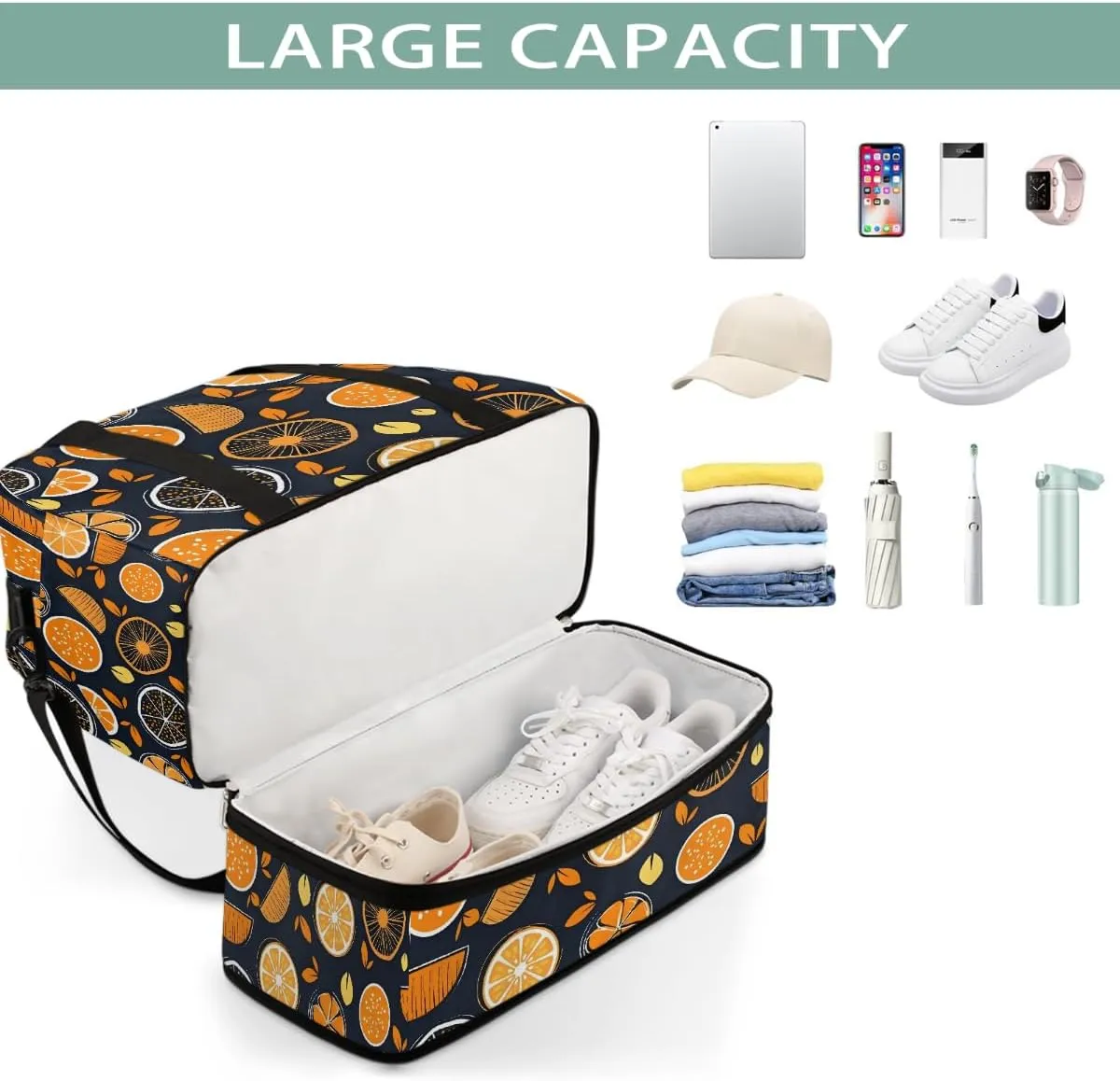 Sports Gym Bag Orange Lemon Flat Lay Large Travel Duffel Bag With Shoe Compartment Foldable Waterproof Carry-On Weekend Travel Bags for Camping Overnight Yoga Hospital Travel Bags