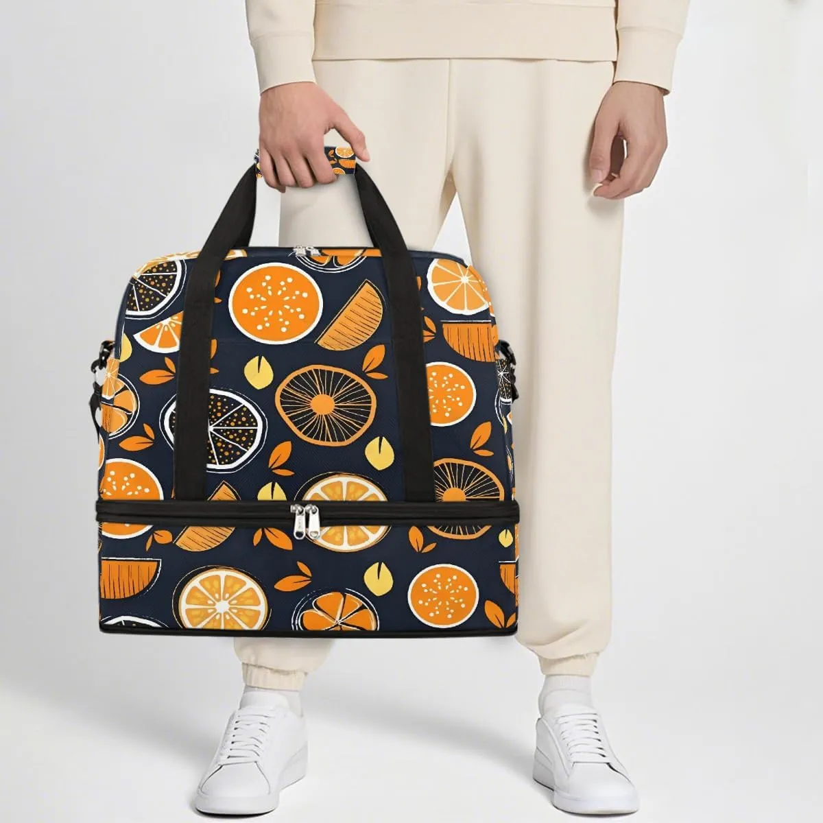 Sports Gym Bag Orange Lemon Flat Lay Large Travel Duffel Bag With Shoe Compartment Foldable Waterproof Carry-On Weekend Travel Bags for Camping Overnight Yoga Hospital Travel Bags
