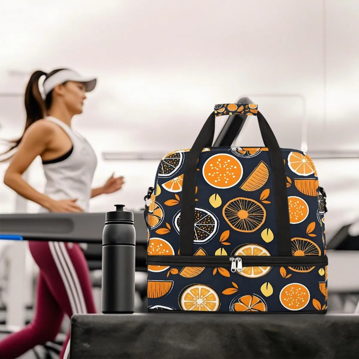 Sports Gym Bag Orange Lemon Flat Lay Large Travel Duffel Bag With Shoe Compartment Foldable Waterproof Carry-On Weekend Travel Bags for Camping Overnight Yoga Hospital Travel Bags