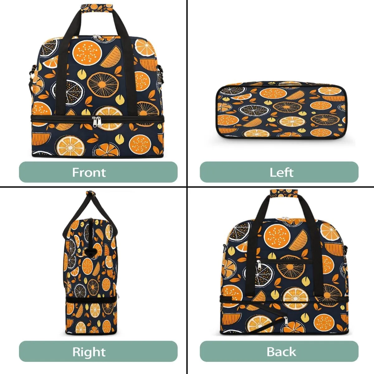 Sports Gym Bag Orange Lemon Flat Lay Large Travel Duffel Bag With Shoe Compartment Foldable Waterproof Carry-On Weekend Travel Bags for Camping Overnight Yoga Hospital Travel Bags