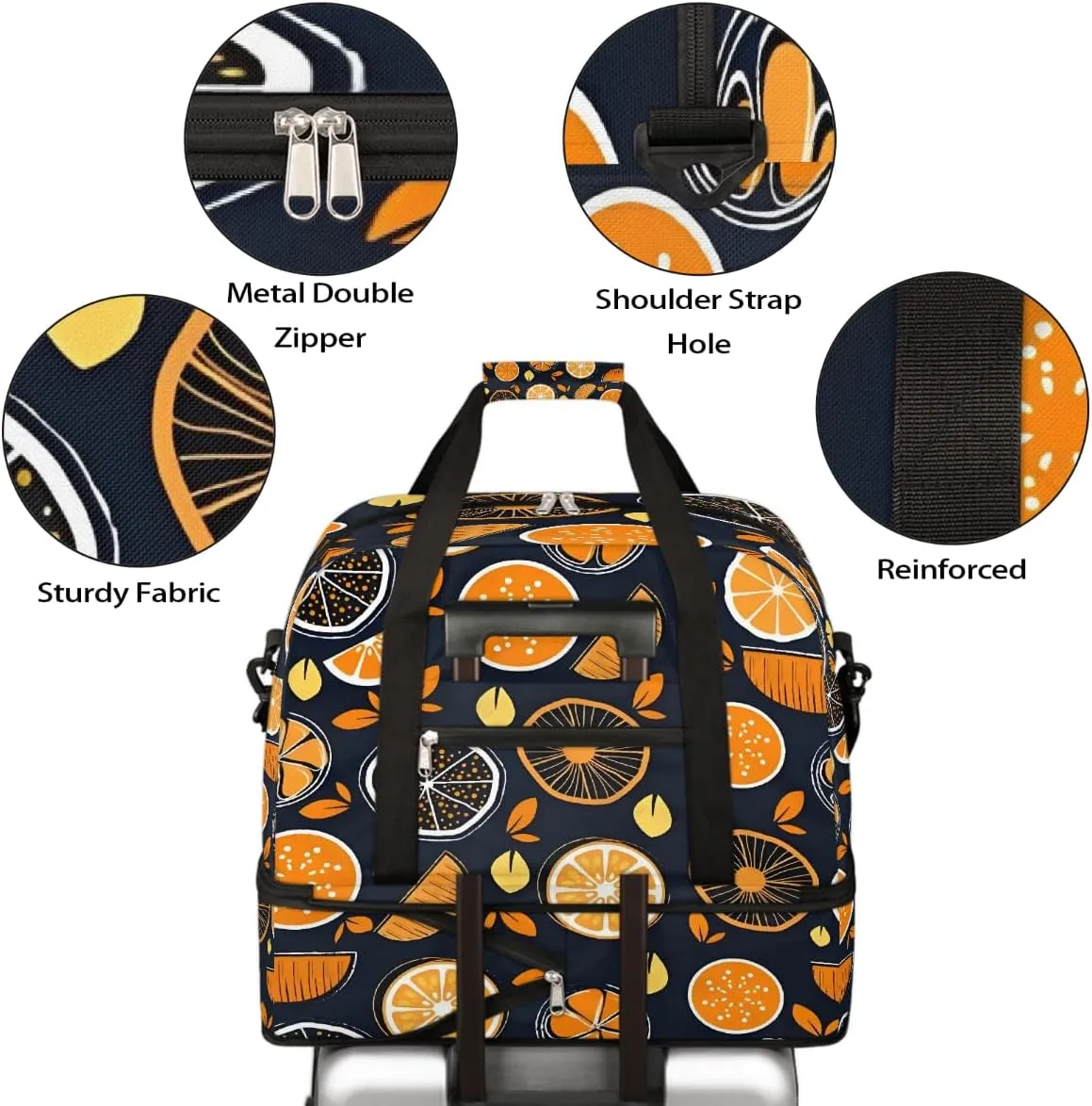 Sports Gym Bag Orange Lemon Flat Lay Large Travel Duffel Bag With Shoe Compartment Foldable Waterproof Carry-On Weekend Travel Bags for Camping Overnight Yoga Hospital Travel Bags