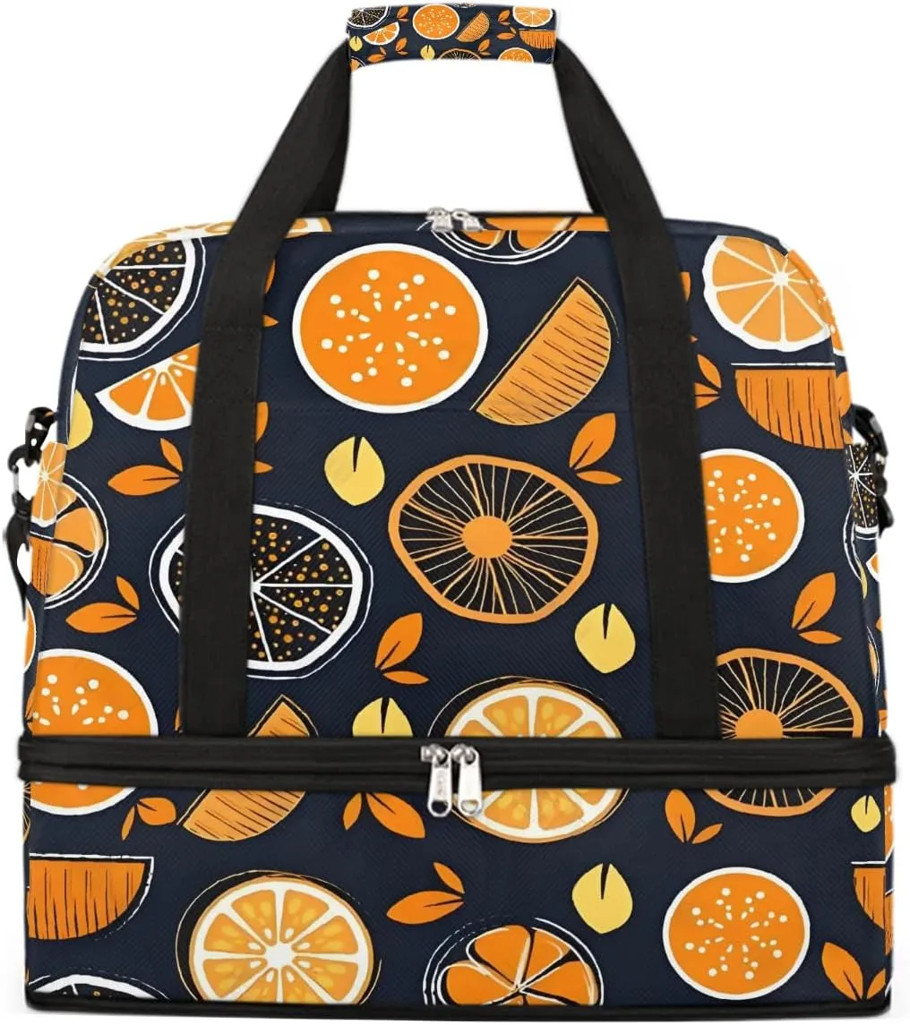 Sports Gym Bag Orange Lemon Flat Lay Large Travel Duffel Bag With Shoe Compartment Foldable Waterproof Carry-On Weekend Travel Bags for Camping Overnight Yoga Hospital Travel Bags