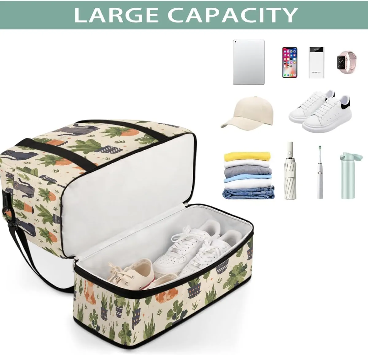 Sports Gym Bag Plants Cat Geometric Patterns Large Travel Duffel Bag With Shoe Compartment Foldable Waterproof Carry-On Weekend Travel Bags for Camping Overnight Yoga Hospital Travel Bags