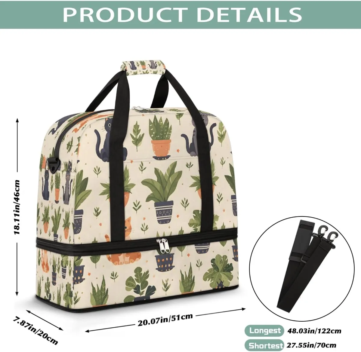 Sports Gym Bag Plants Cat Geometric Patterns Large Travel Duffel Bag With Shoe Compartment Foldable Waterproof Carry-On Weekend Travel Bags for Camping Overnight Yoga Hospital Travel Bags