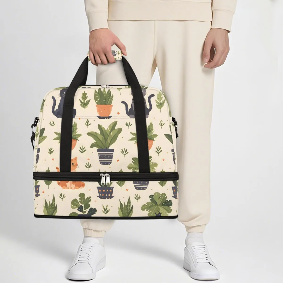 Sports Gym Bag Plants Cat Geometric Patterns Large Travel Duffel Bag With Shoe Compartment Foldable Waterproof Carry-On Weekend Travel Bags for Camping Overnight Yoga Hospital Travel Bags