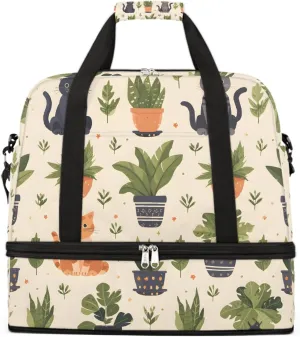 Sports Gym Bag Plants Cat Geometric Patterns Large Travel Duffel Bag With Shoe Compartment Foldable Waterproof Carry-On Weekend Travel Bags for Camping Overnight Yoga Hospital Travel Bags
