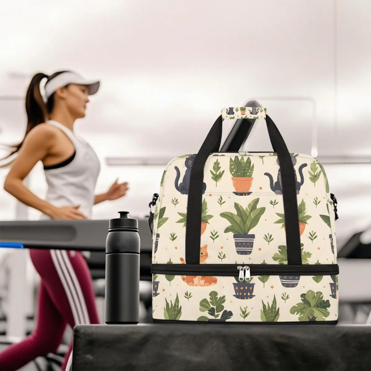 Sports Gym Bag Plants Cat Geometric Patterns Large Travel Duffel Bag With Shoe Compartment Foldable Waterproof Carry-On Weekend Travel Bags for Camping Overnight Yoga Hospital Travel Bags