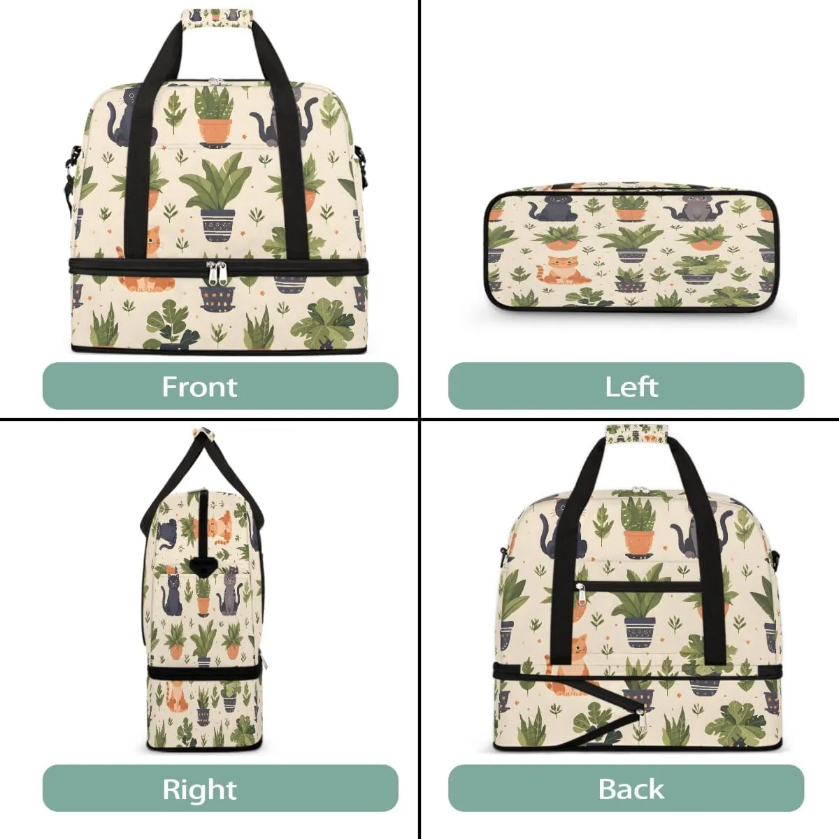 Sports Gym Bag Plants Cat Geometric Patterns Large Travel Duffel Bag With Shoe Compartment Foldable Waterproof Carry-On Weekend Travel Bags for Camping Overnight Yoga Hospital Travel Bags
