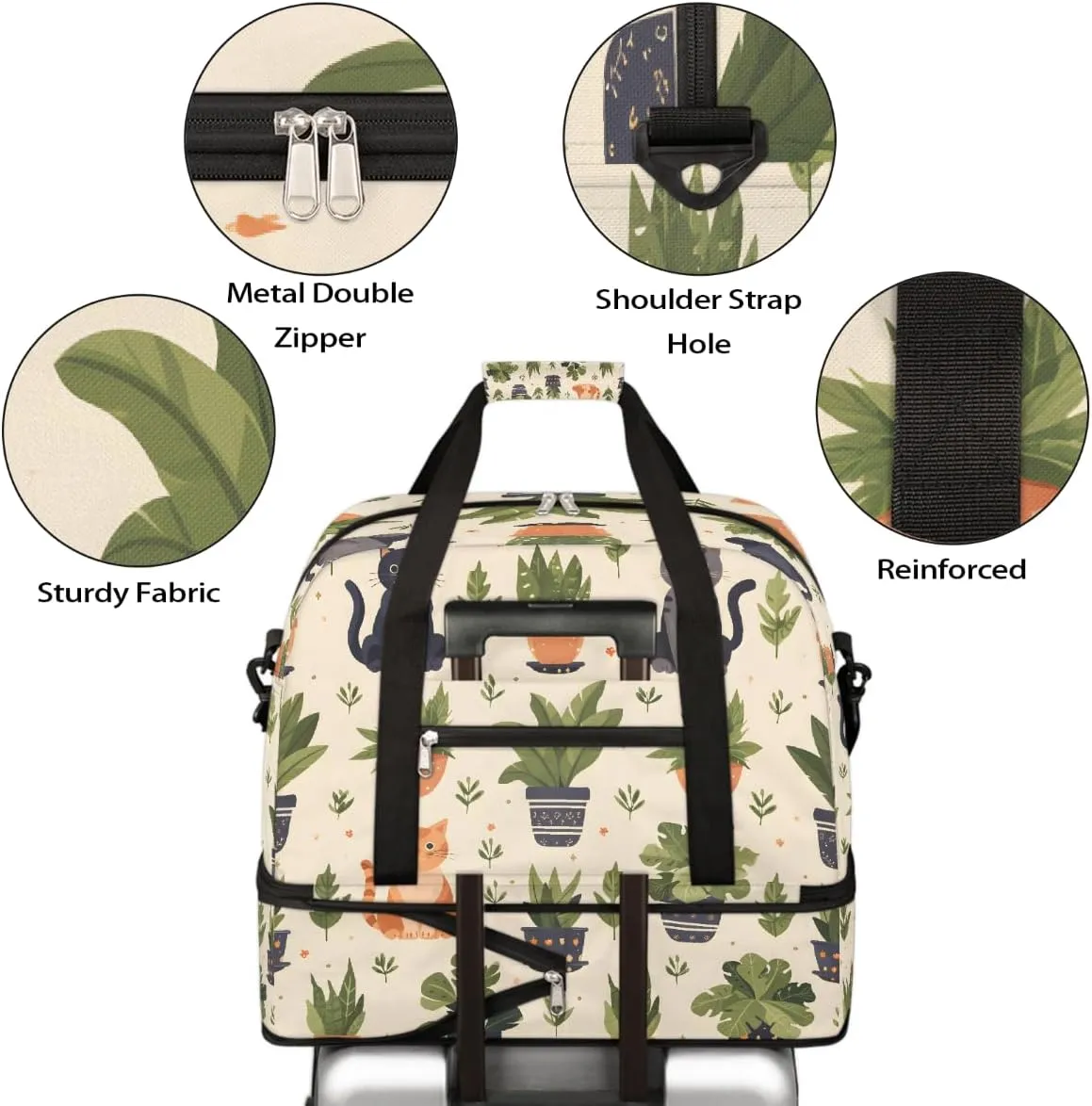 Sports Gym Bag Plants Cat Geometric Patterns Large Travel Duffel Bag With Shoe Compartment Foldable Waterproof Carry-On Weekend Travel Bags for Camping Overnight Yoga Hospital Travel Bags