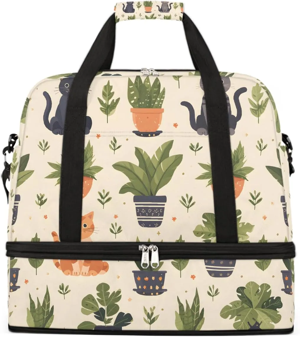 Sports Gym Bag Plants Cat Geometric Patterns Large Travel Duffel Bag With Shoe Compartment Foldable Waterproof Carry-On Weekend Travel Bags for Camping Overnight Yoga Hospital Travel Bags